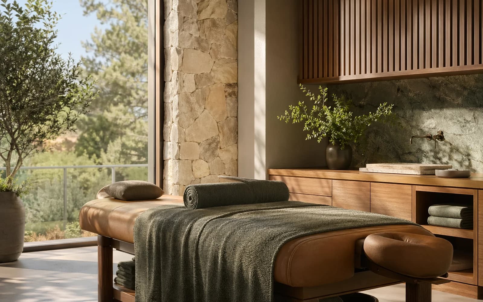 A massage table prepared with linens and bolsters.