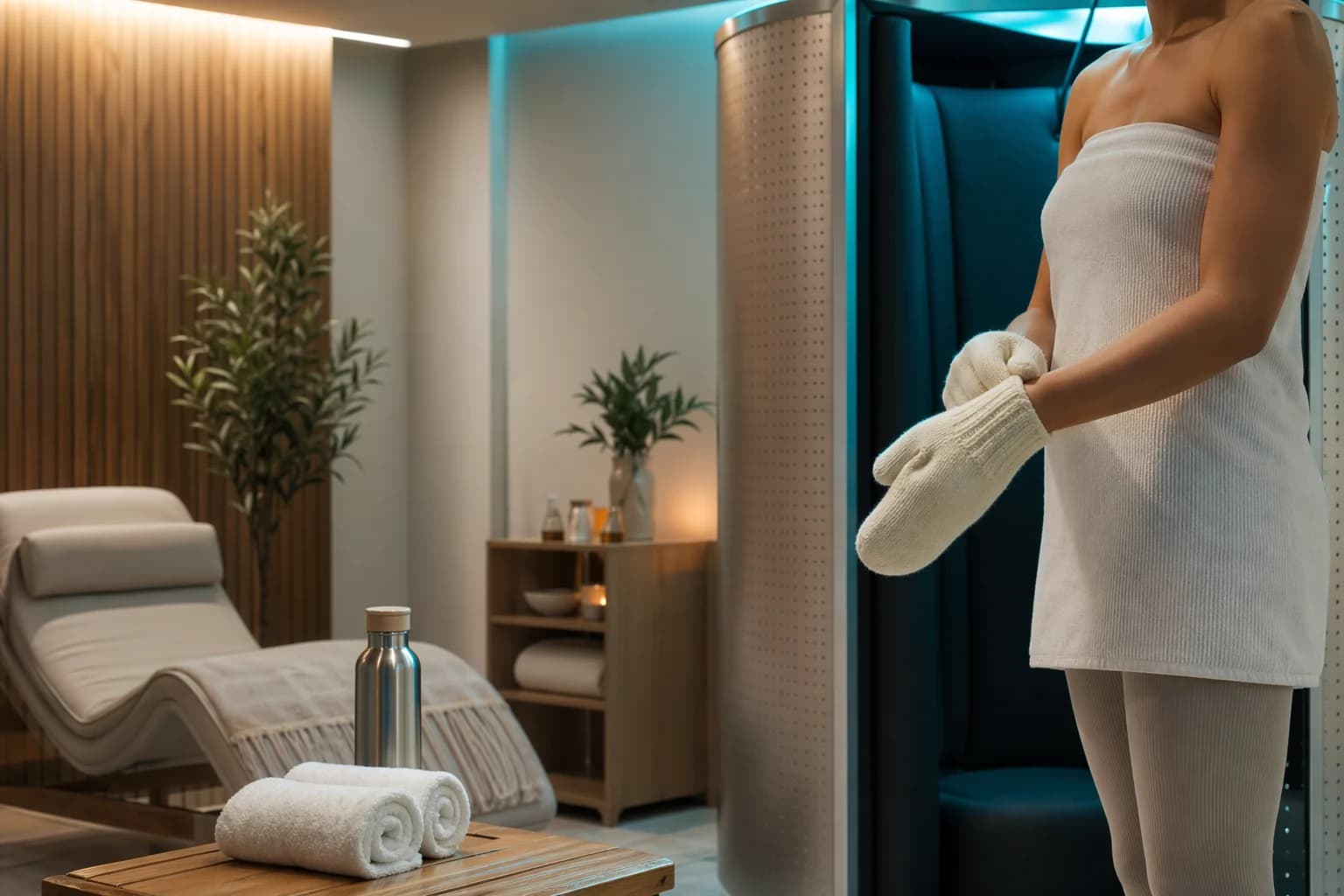 A whole-body cryotherapy chamber in a clean recovery setting.