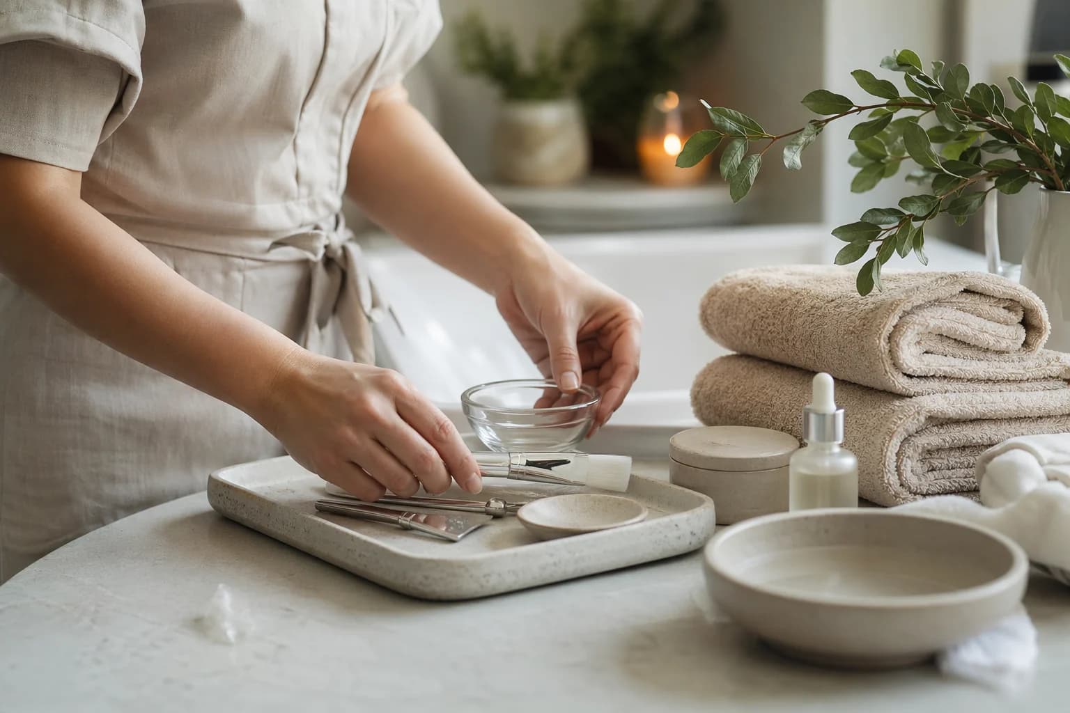 Facial tools arranged on a clean treatment surface.