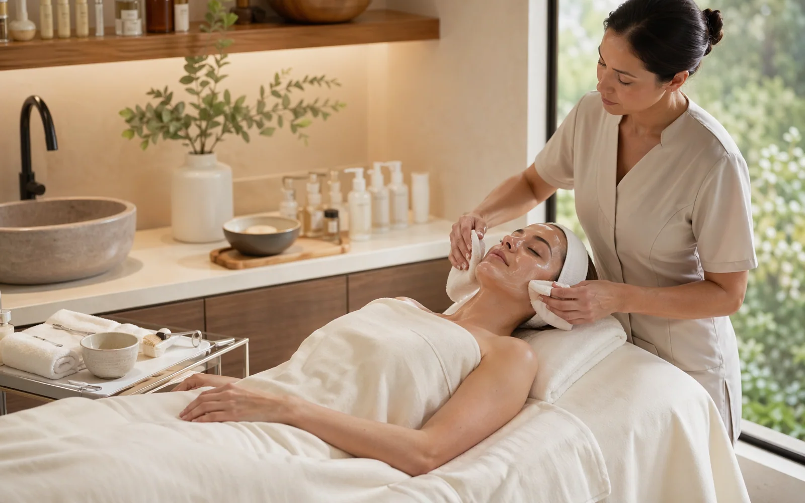 European facial treatment room with warm light, soft linens, and professional skin-care tools.