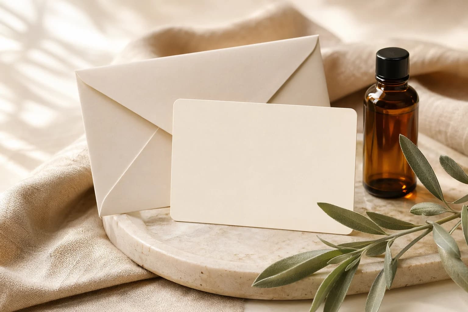 Gift card still life with a cream envelope, folded towel, and wellness details.