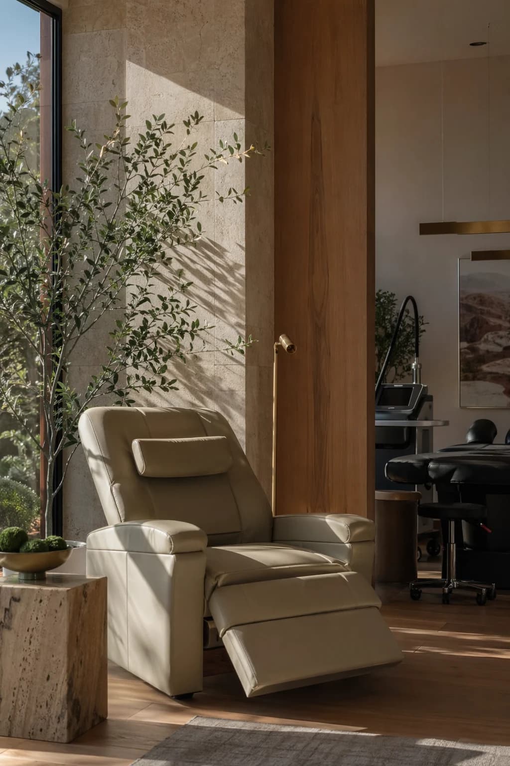 SK Longevity lounge with natural textures and greenery.