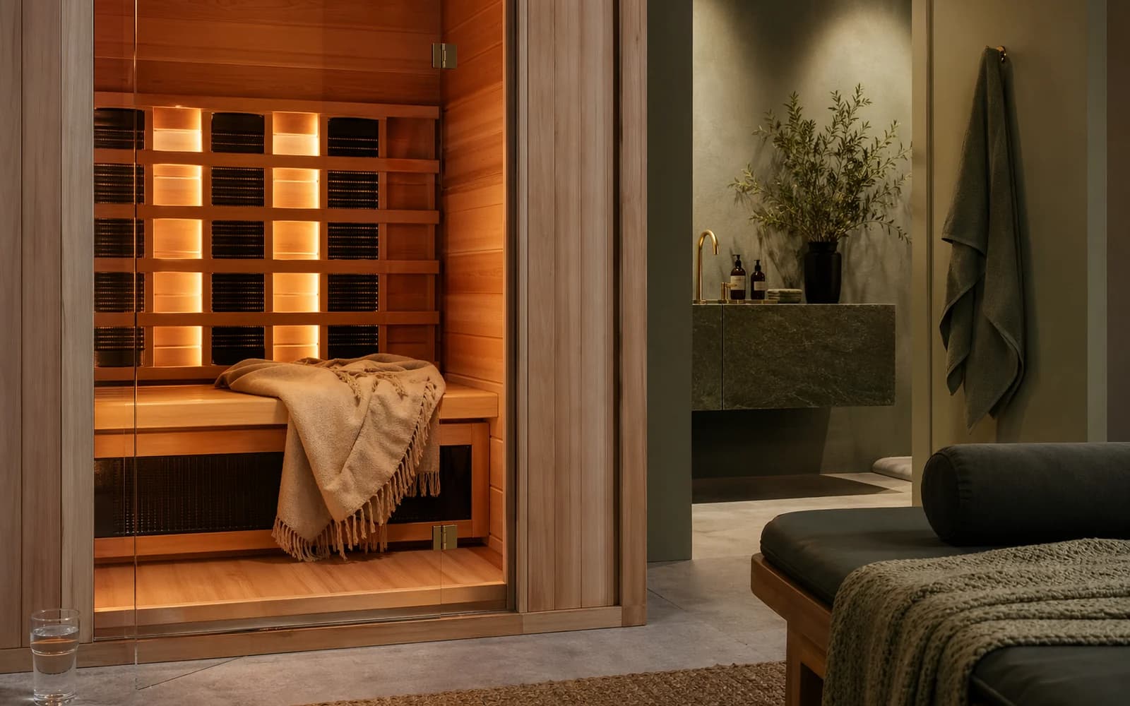 An infrared sauna with warm interior light.