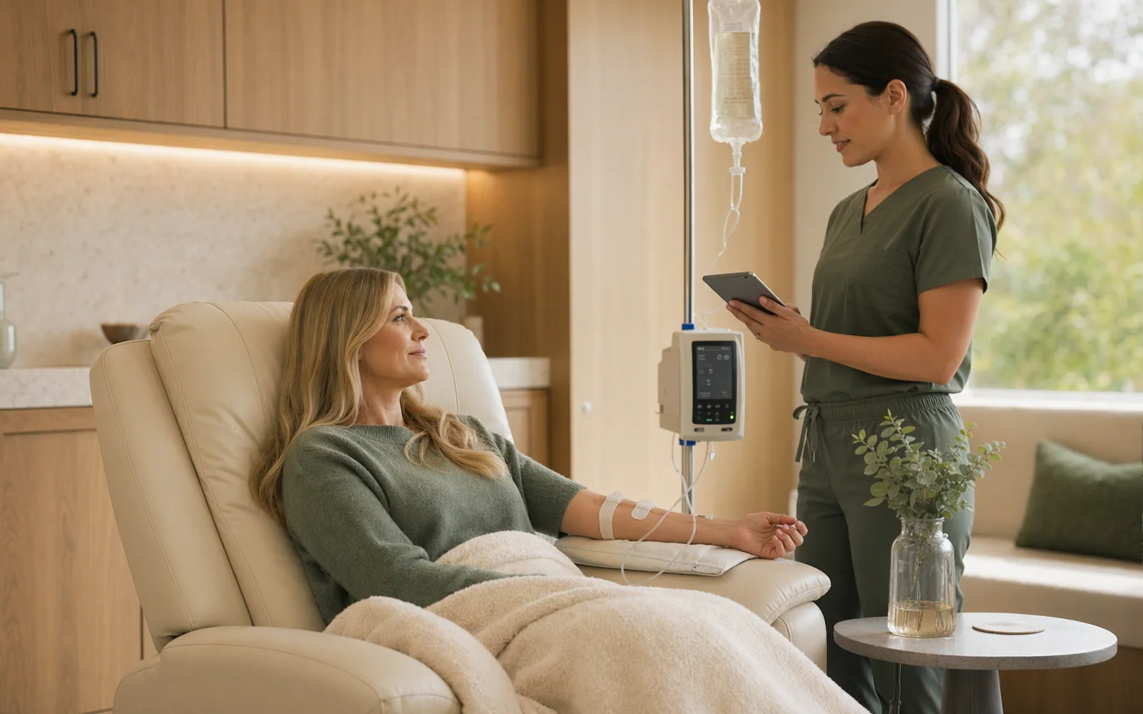 Comfortable wellness chair prepared for NAD+ therapy in a warm clinical suite.
