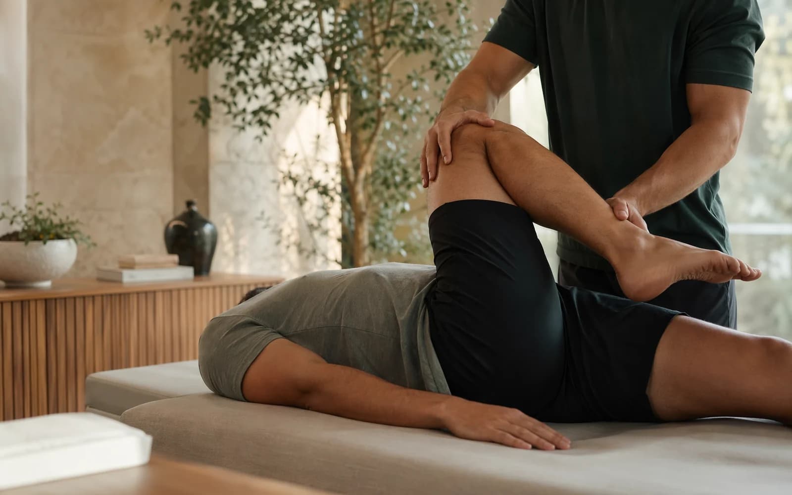 Assisted performance stretch in a warm clinical treatment room with sage and linen tones.