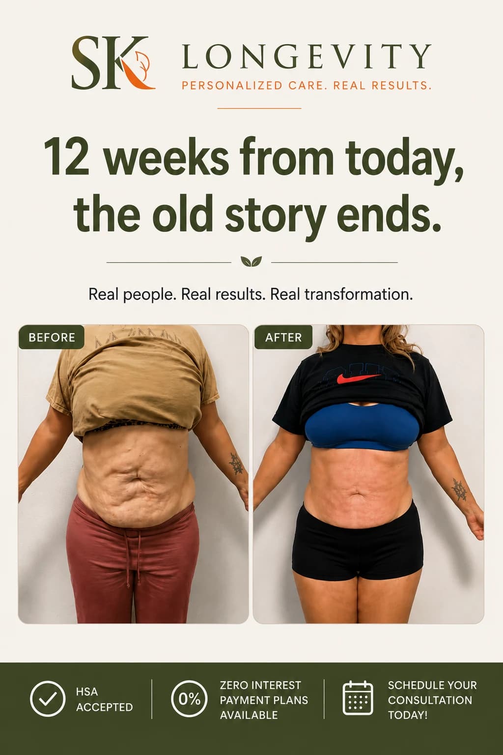 Before and after example for the SK Longevity 12-week transformation program.