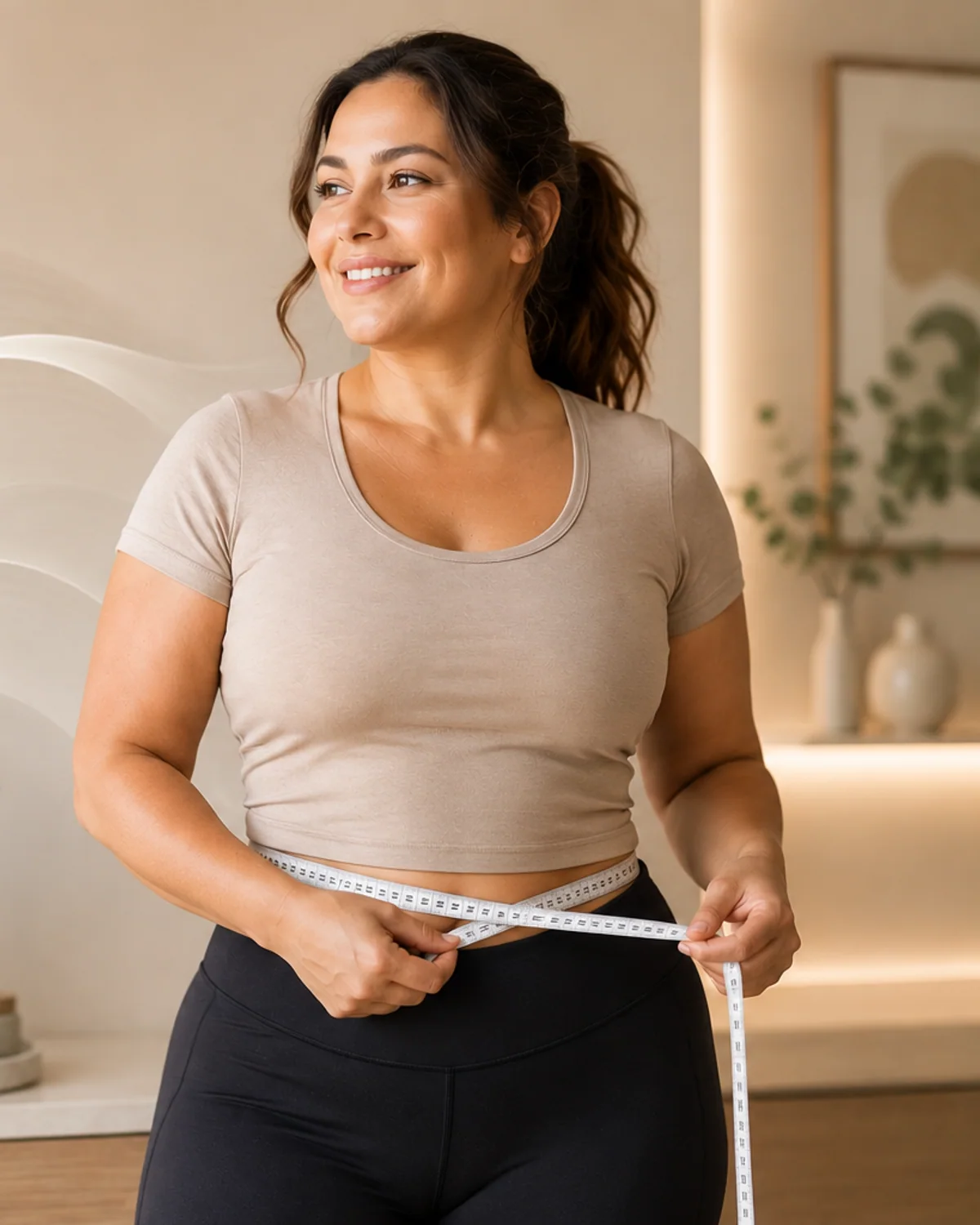 Confident wellness client measuring her waist after a guided body transformation program.