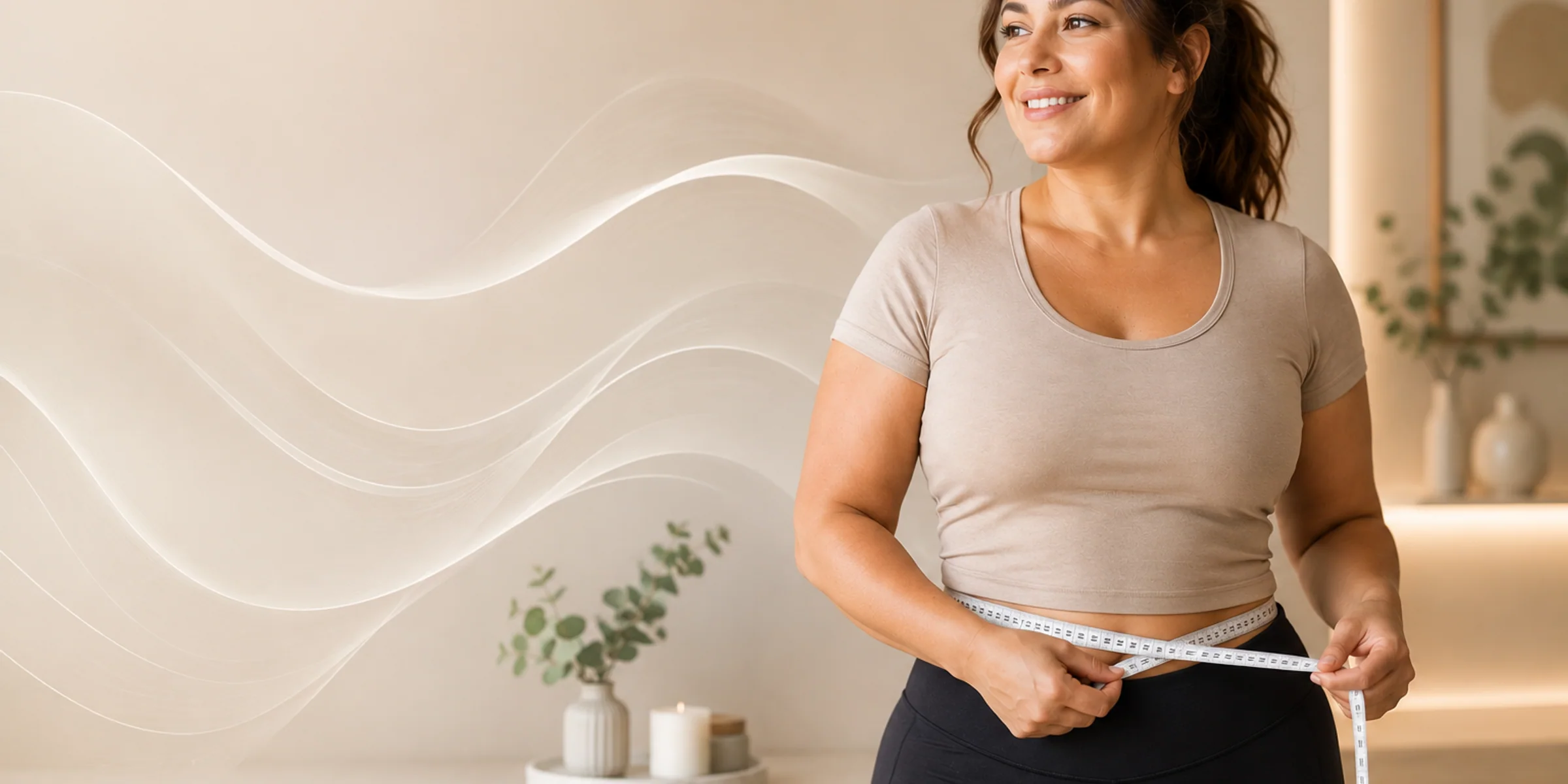 Confident wellness client measuring her waist after a guided body transformation program.