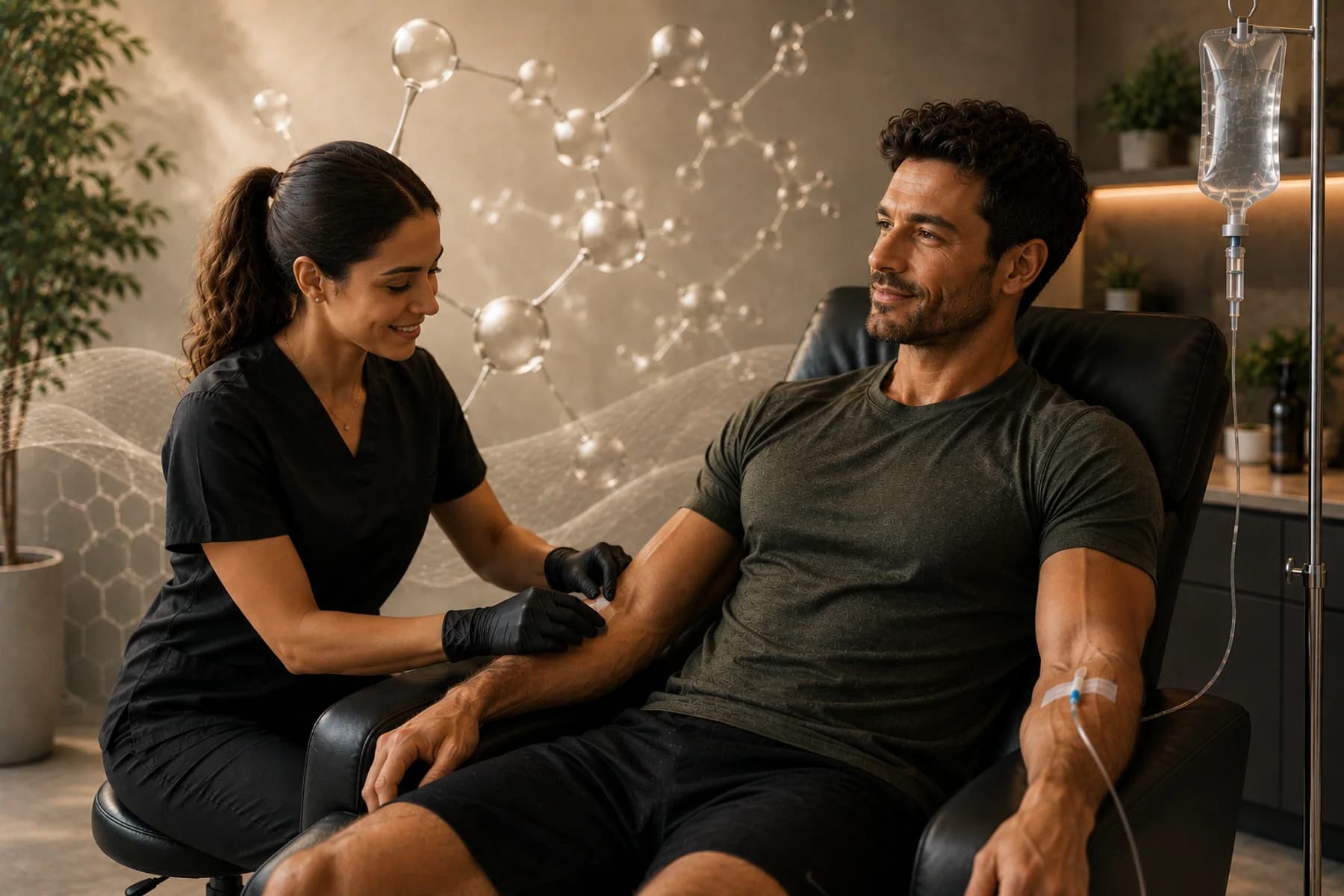Provider preparing IV therapy for a client in a warm wellness suite.