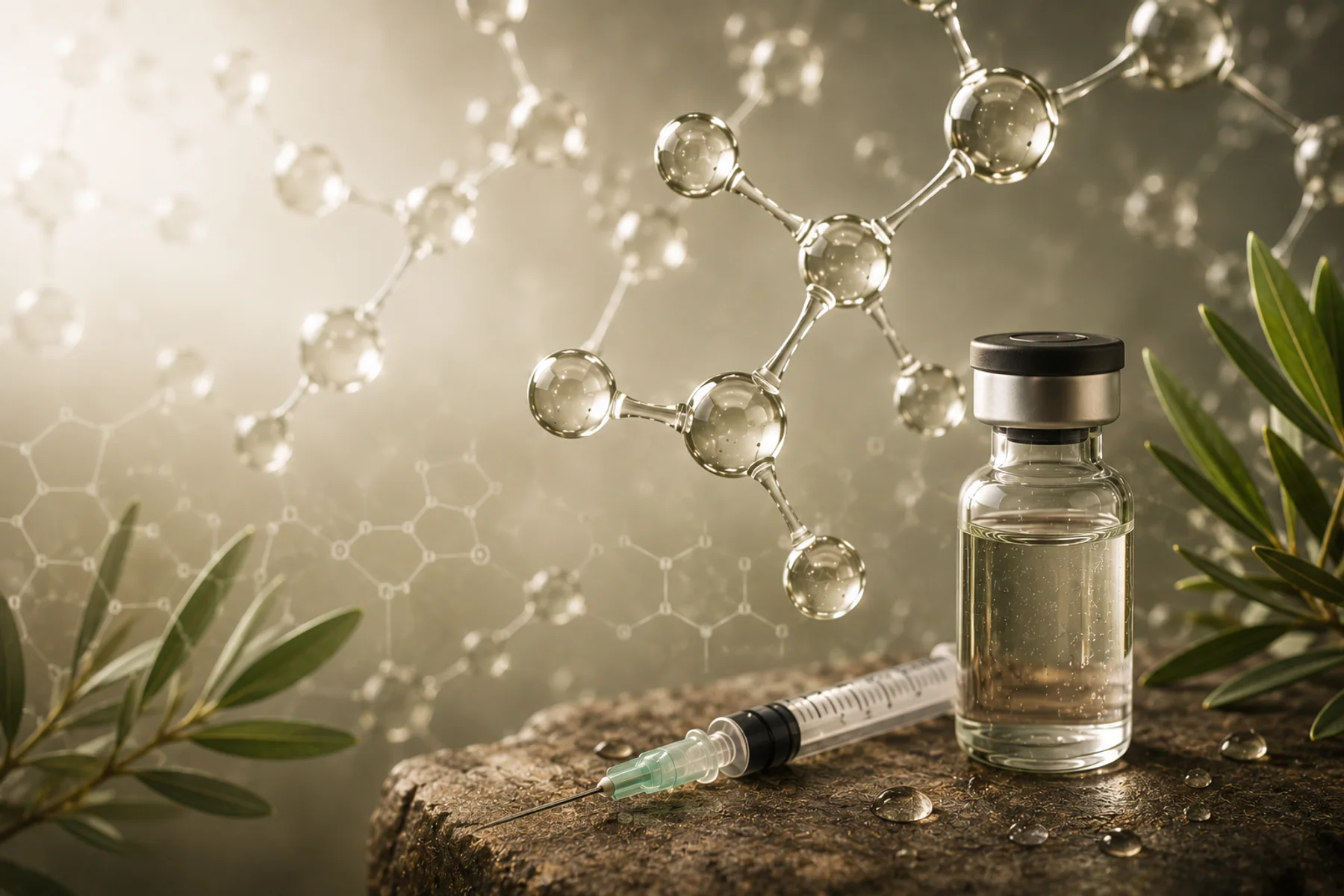 Wellness vial and syringe detail with molecular longevity visuals.
