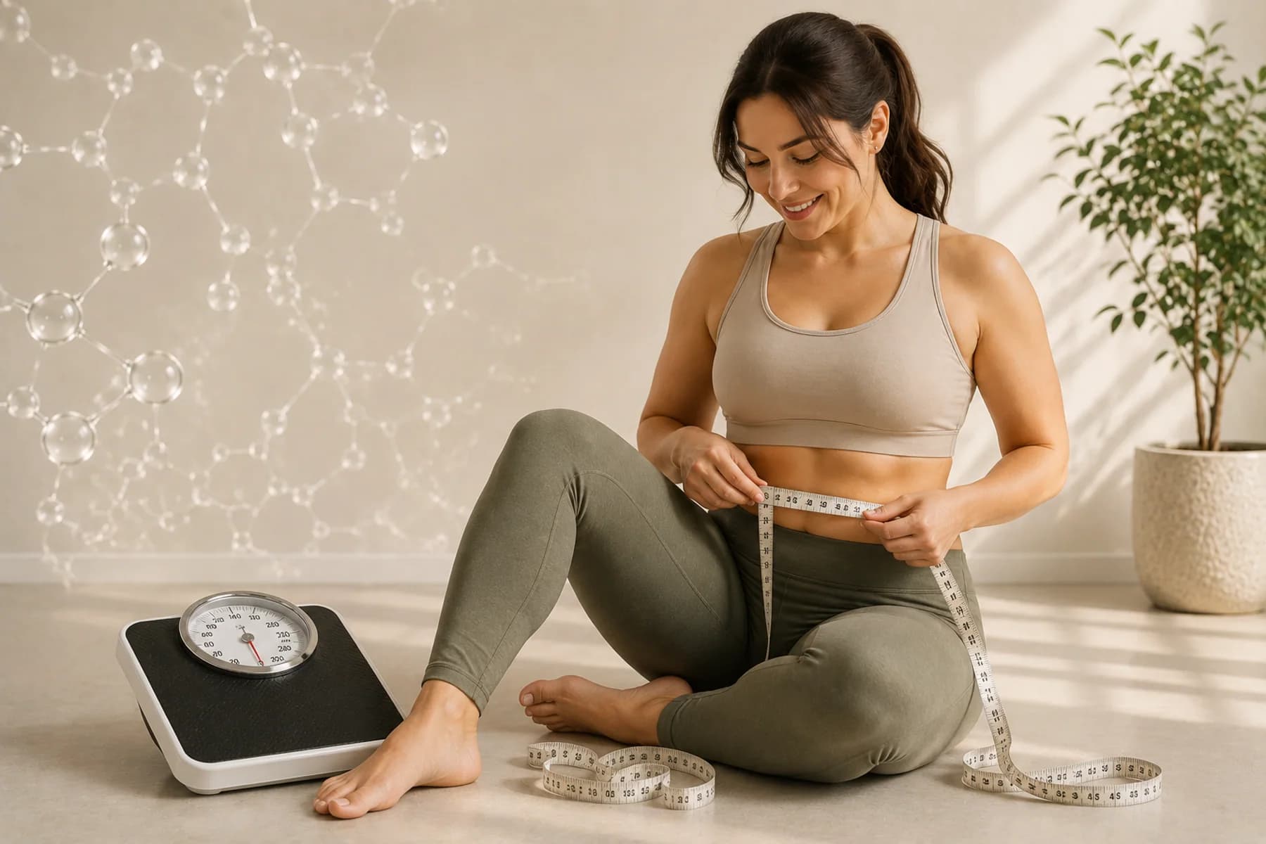 Wellness client measuring her waist as part of a guided weight-loss journey.