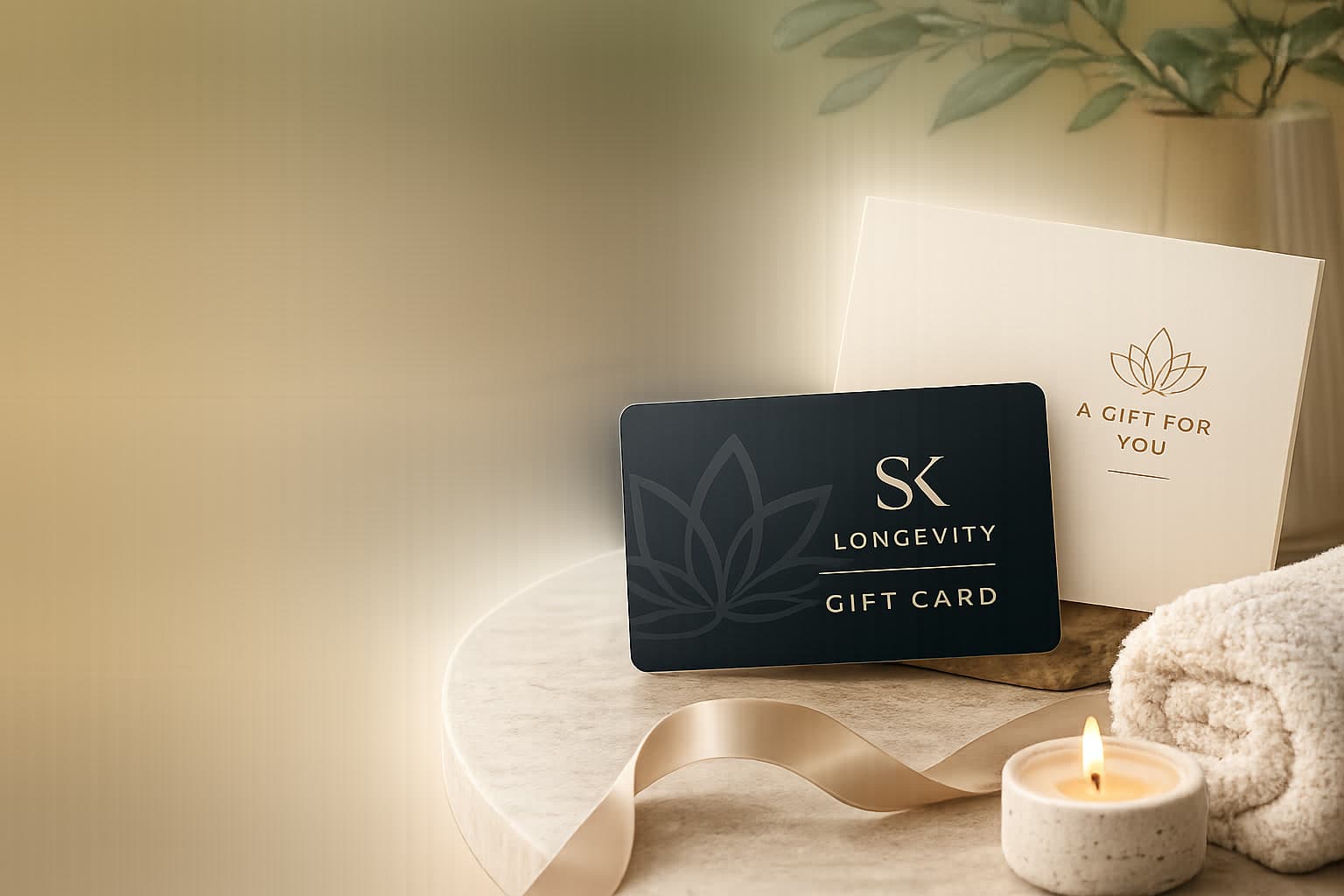 SK Longevity gift card with cream envelope, candle, folded towel, ribbon, and warm wellness styling.