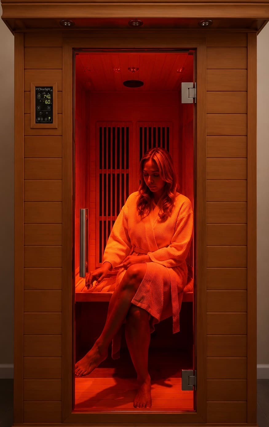 Client relaxing in an infrared sauna with warm therapeutic light.